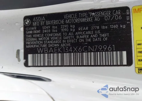 2006 BMW 650I z USA, uszkodzony, nr VIN WBAEK134X6CN79961